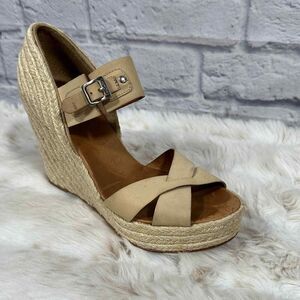 Hunter Anegada Espadrille Wedges Womens 7 Tan Leather‎ Straps Peep Toe Buckle